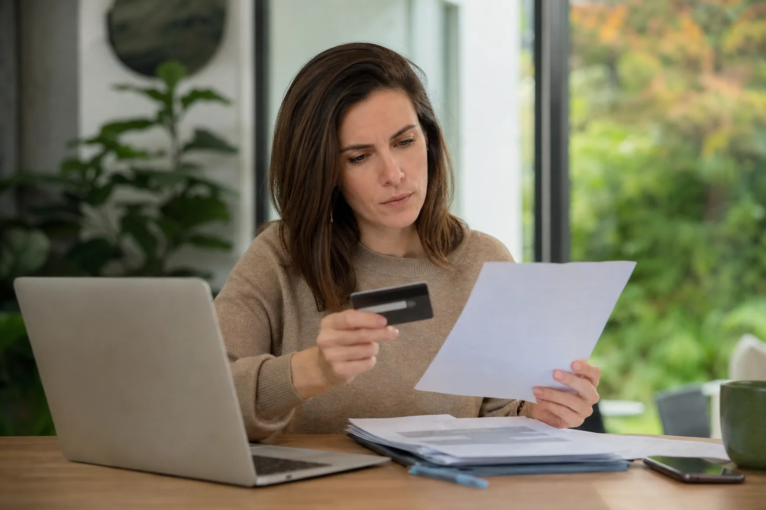 Personne consultant un relevé bancaire et une facture en ligne sur ordinateur portable pour contester un paiement par carte bancaire