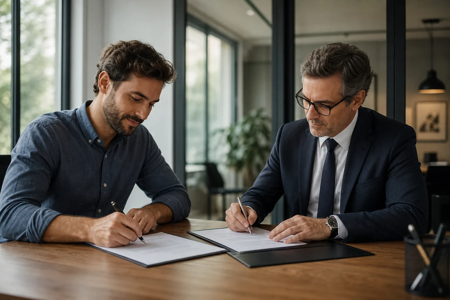 Un salarié et son employeur signent un document lors d'un entretien dans un bureau lumineux, ambiance calme et professionnelle