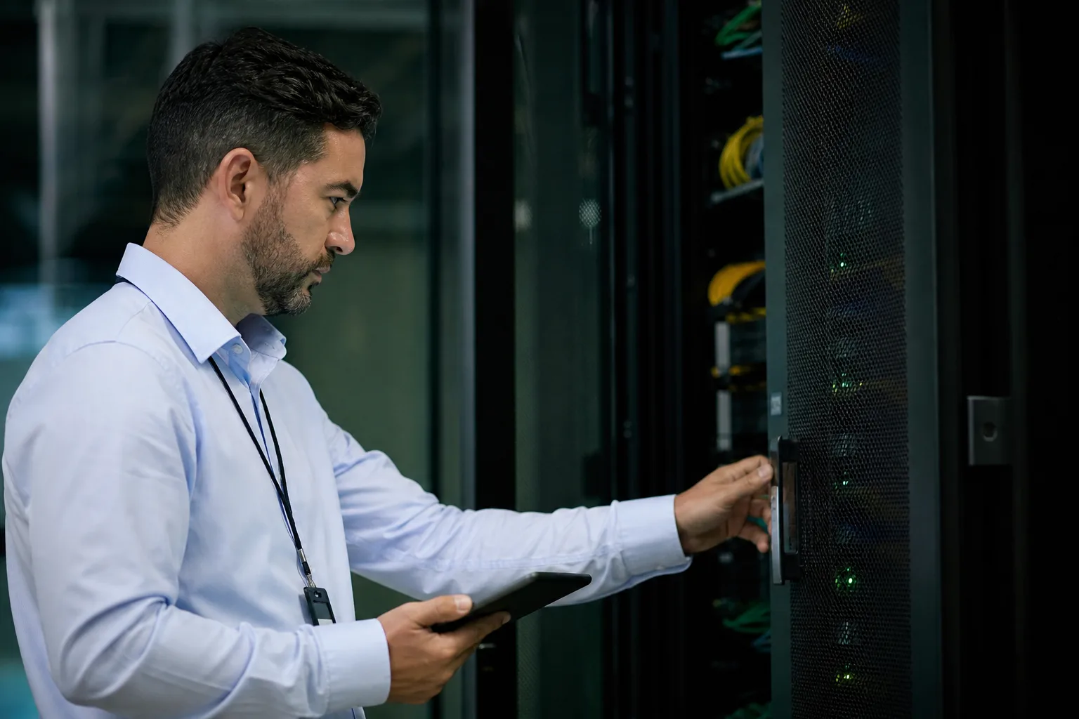 Un administrateur système sécurise l'accès à une baie de serveurs dans une salle de data center, tablette à la main