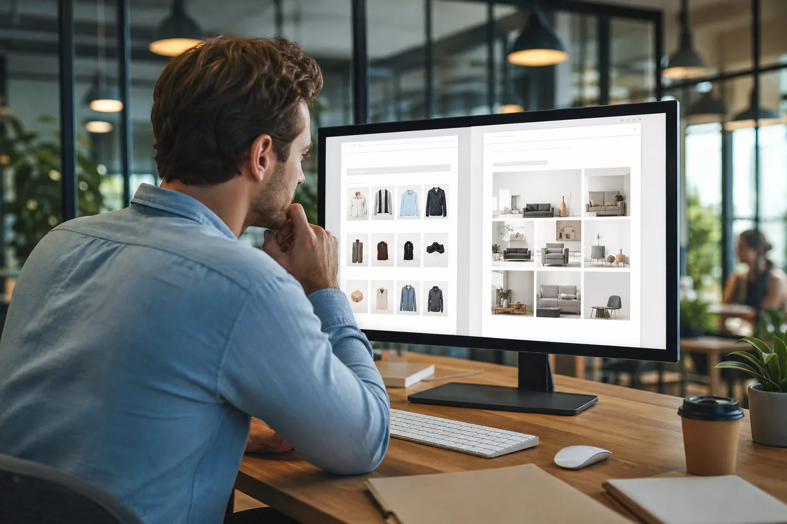 Un entrepreneur compare deux interfaces de boutique en ligne sur un écran d'ordinateur, dans un espace de travail lumineux