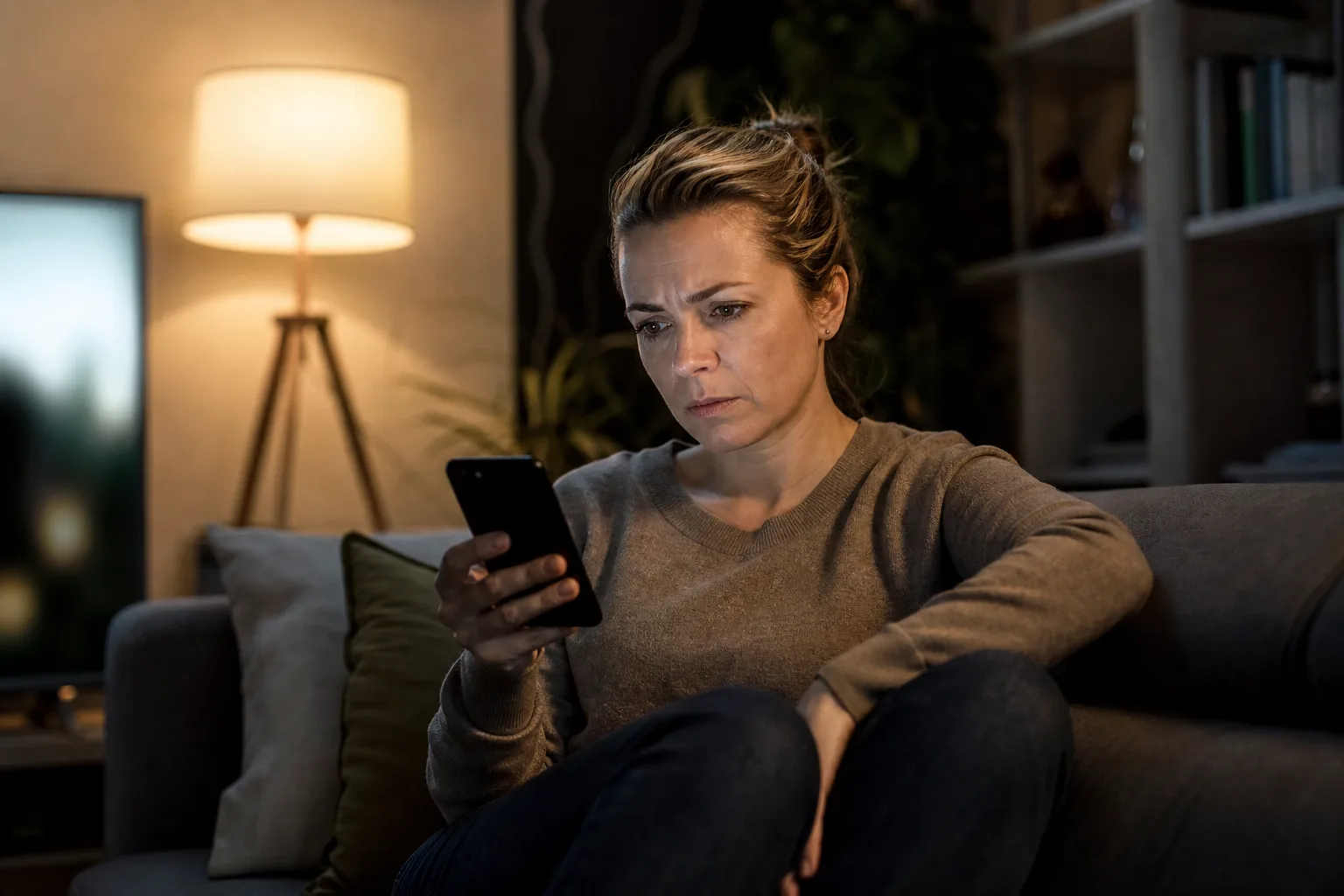 Personne regardant un smartphone affichant 'aucun service' avec une expression inquiète, ambiance intérieur domestique en soirée