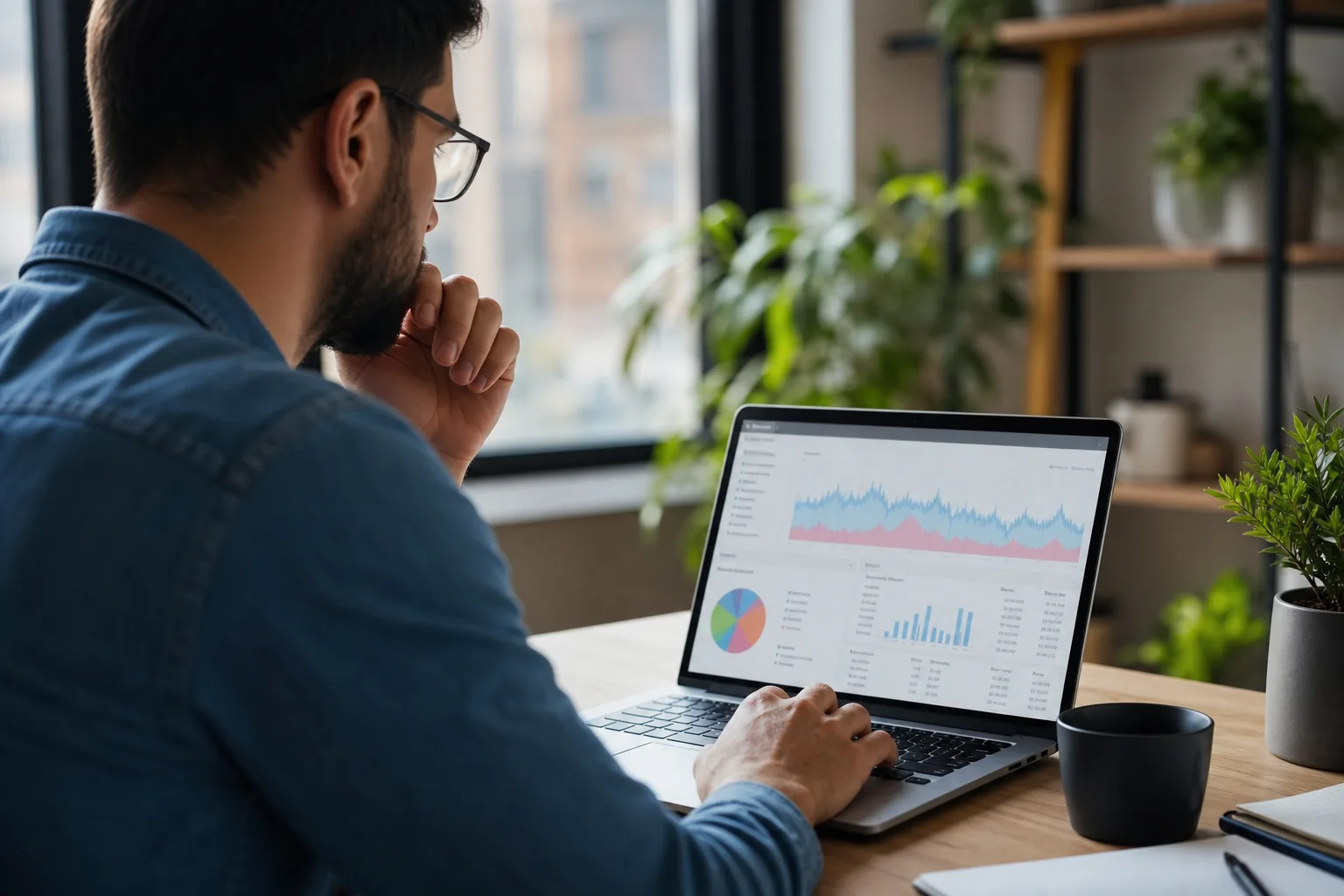 Un consultant SEO consulte un rapport d'exploration de site sur un ordinateur portable, dans un bureau lumineux au style épuré