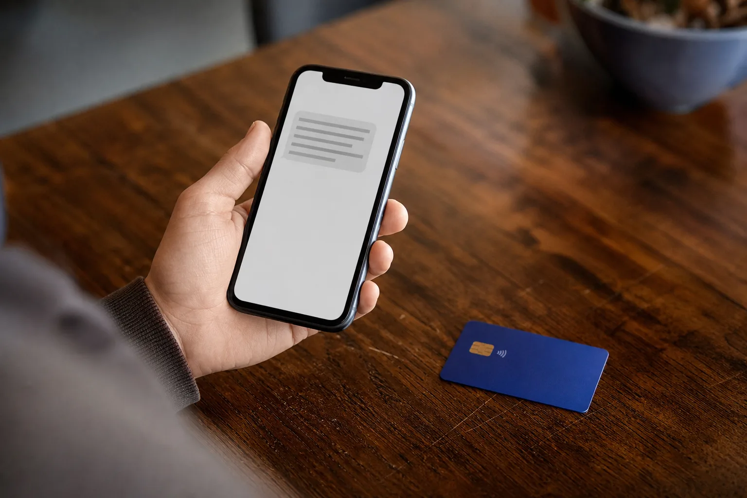 Main tenant un smartphone affichant un SMS d'alerte bancaire suspect, avec une carte bancaire posée à côté