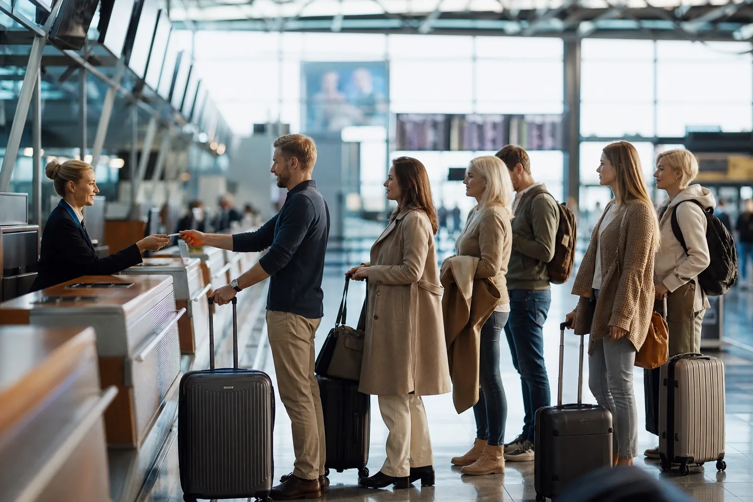 Des voyageurs patientent devant un comptoir d'enregistrement dans un hall d'aéroport, sous les écrans d'affichage des vols