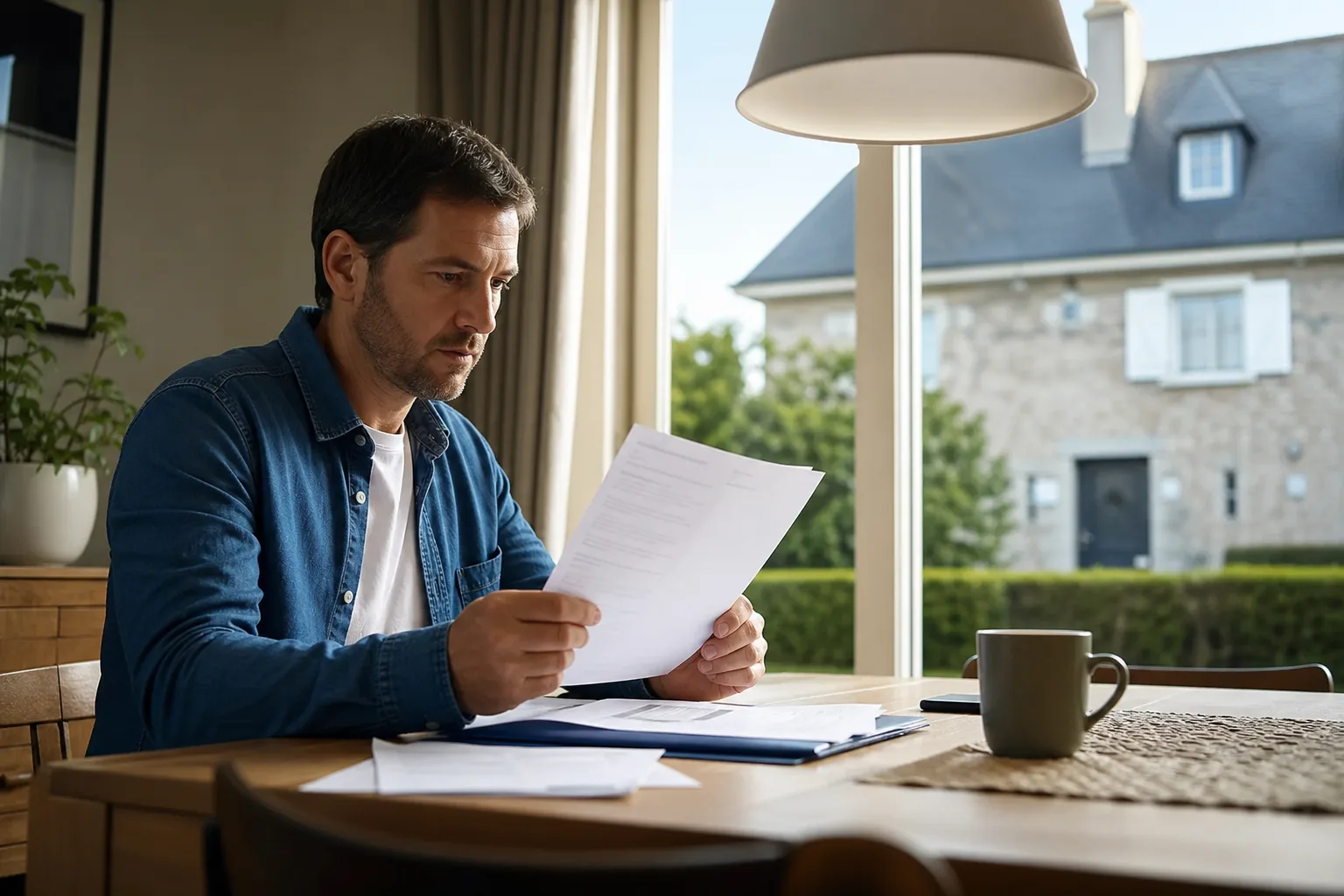 Un propriétaire consulte son avis de taxe foncière à table, avec une maison visible par la fenêtre en arrière-plan, lumière naturelle