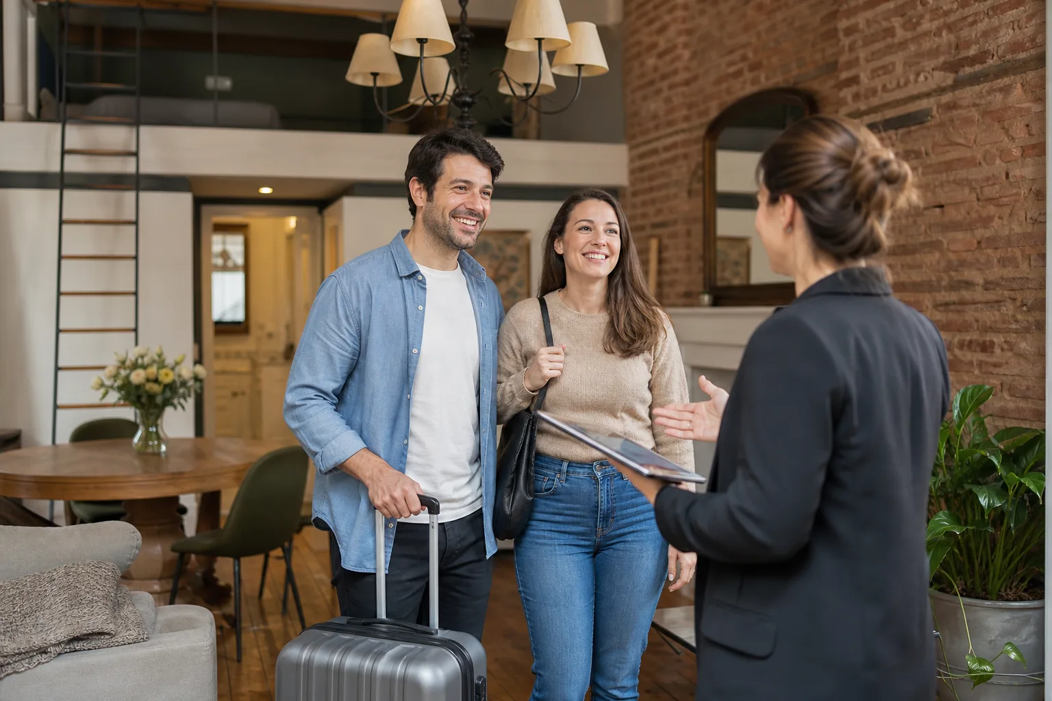 Un couple de voyageurs avec valise accueilli par l'hôte dans un appartement meublé au style loft, lumière naturelle