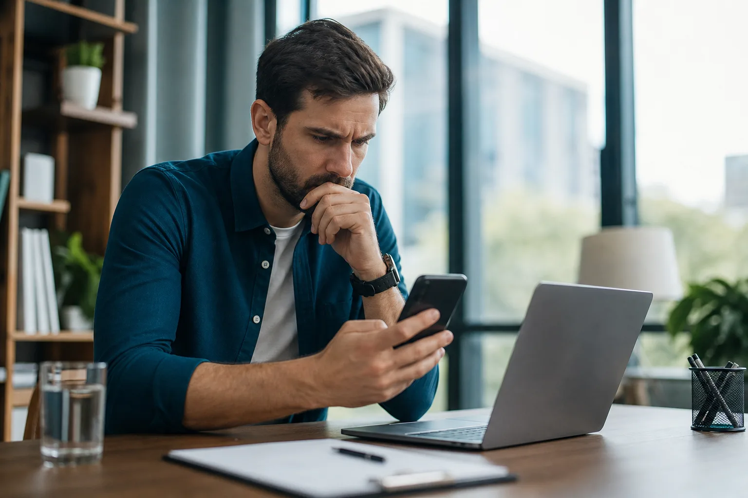 Personne consultant avec inquiétude des notifications suspectes sur son smartphone et son ordinateur portable