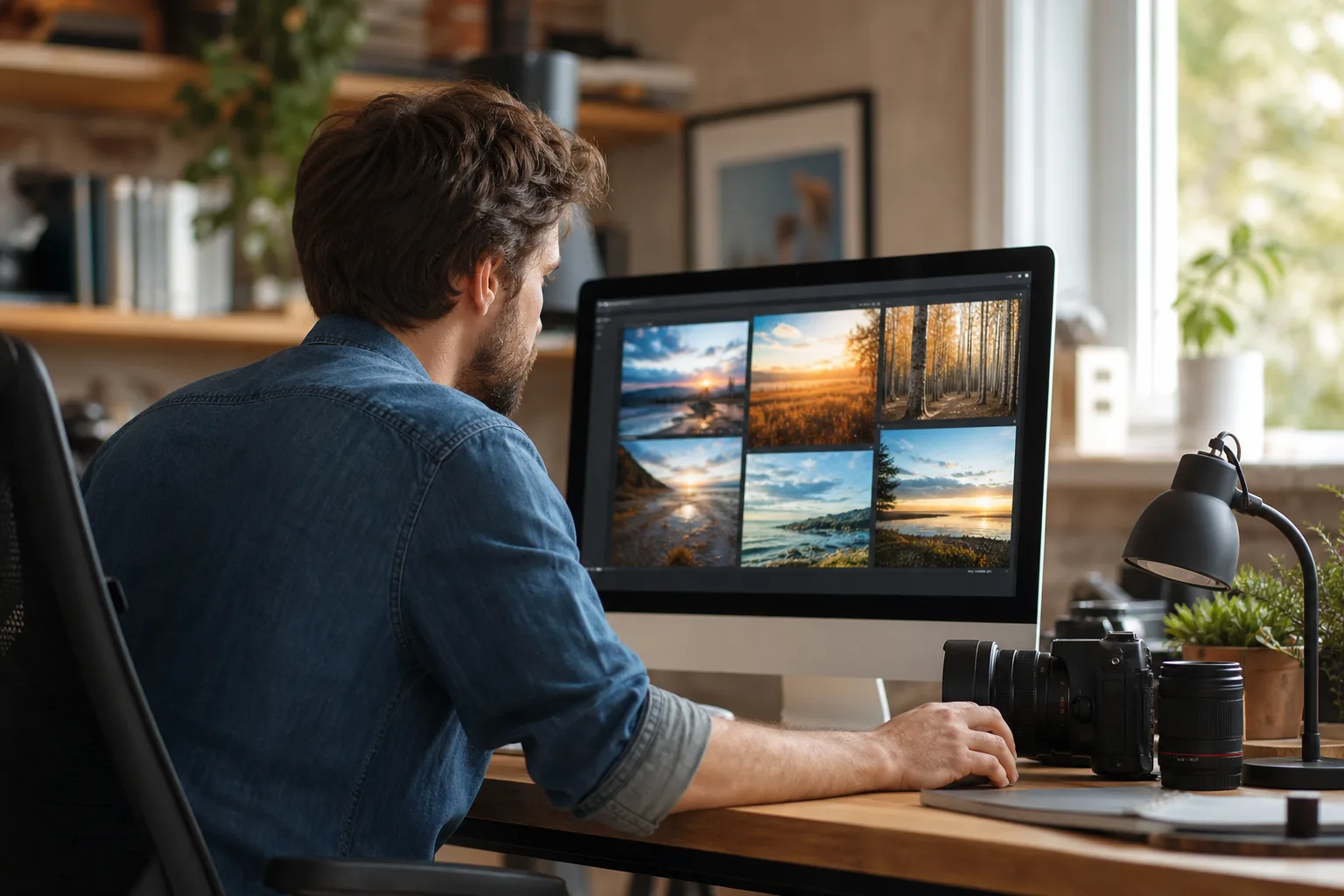 Un créateur de contenu compare plusieurs photographies sur un écran d'ordinateur pour illustrer un article de blog, bureau lumineux