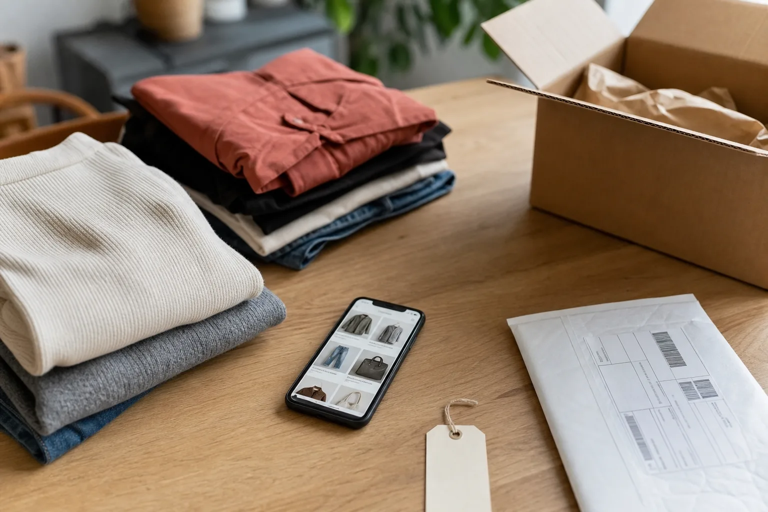 Des vêtements pliés et un carton d'expédition posés sur une table, prêts à être envoyés après une vente en ligne
