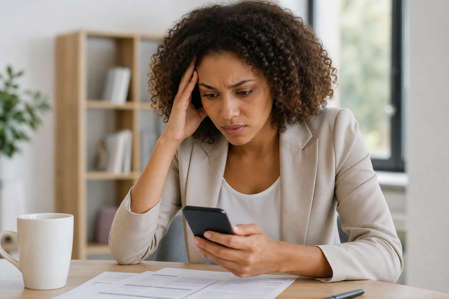Personne consultant un relevé bancaire et une notification de virement rejeté sur son smartphone, à un bureau