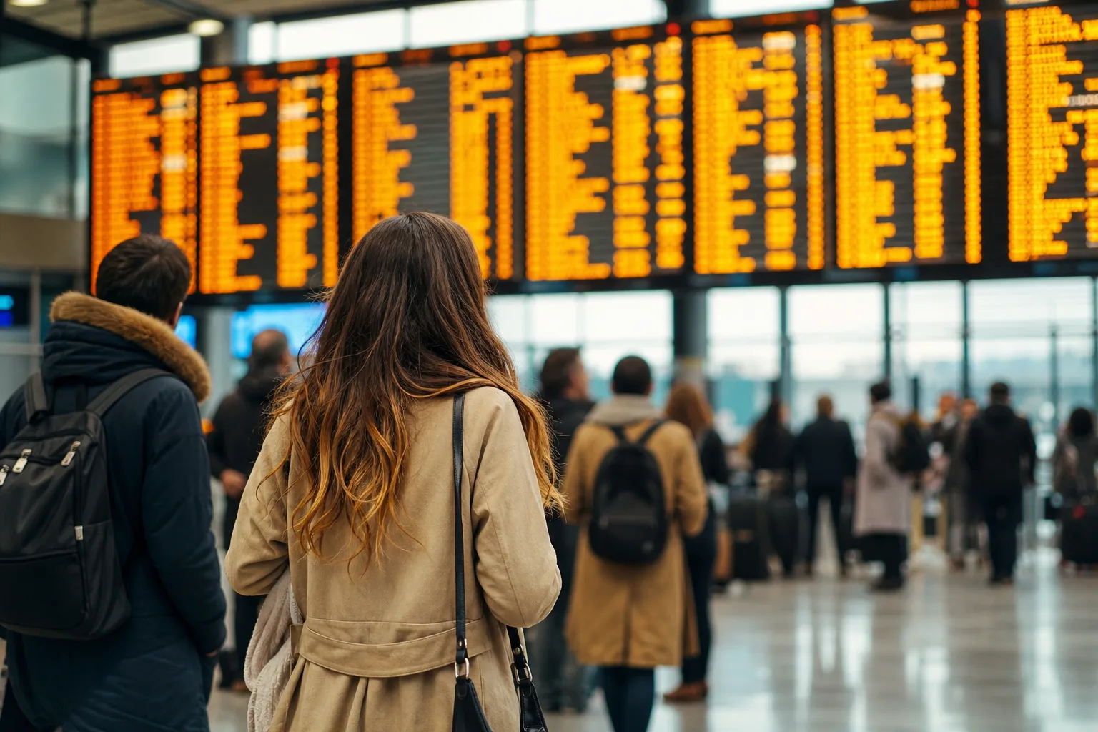 Voyageurs attendant dans un hall d'aéroport devant un panneau d'affichage des vols retardés